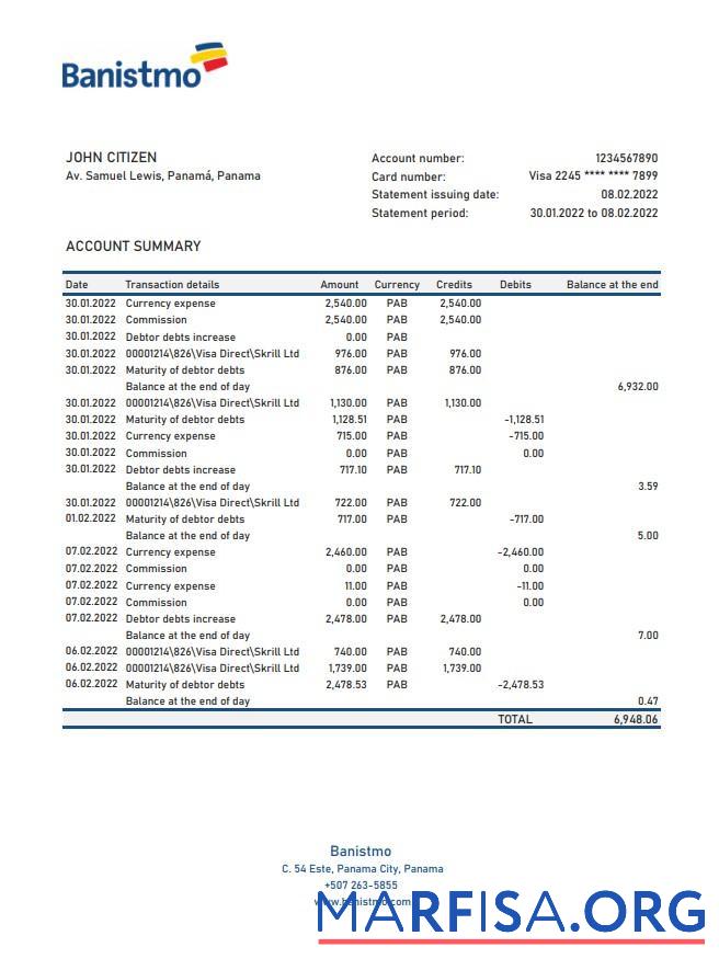 Realistic Panama Banistmo bank statement excel example